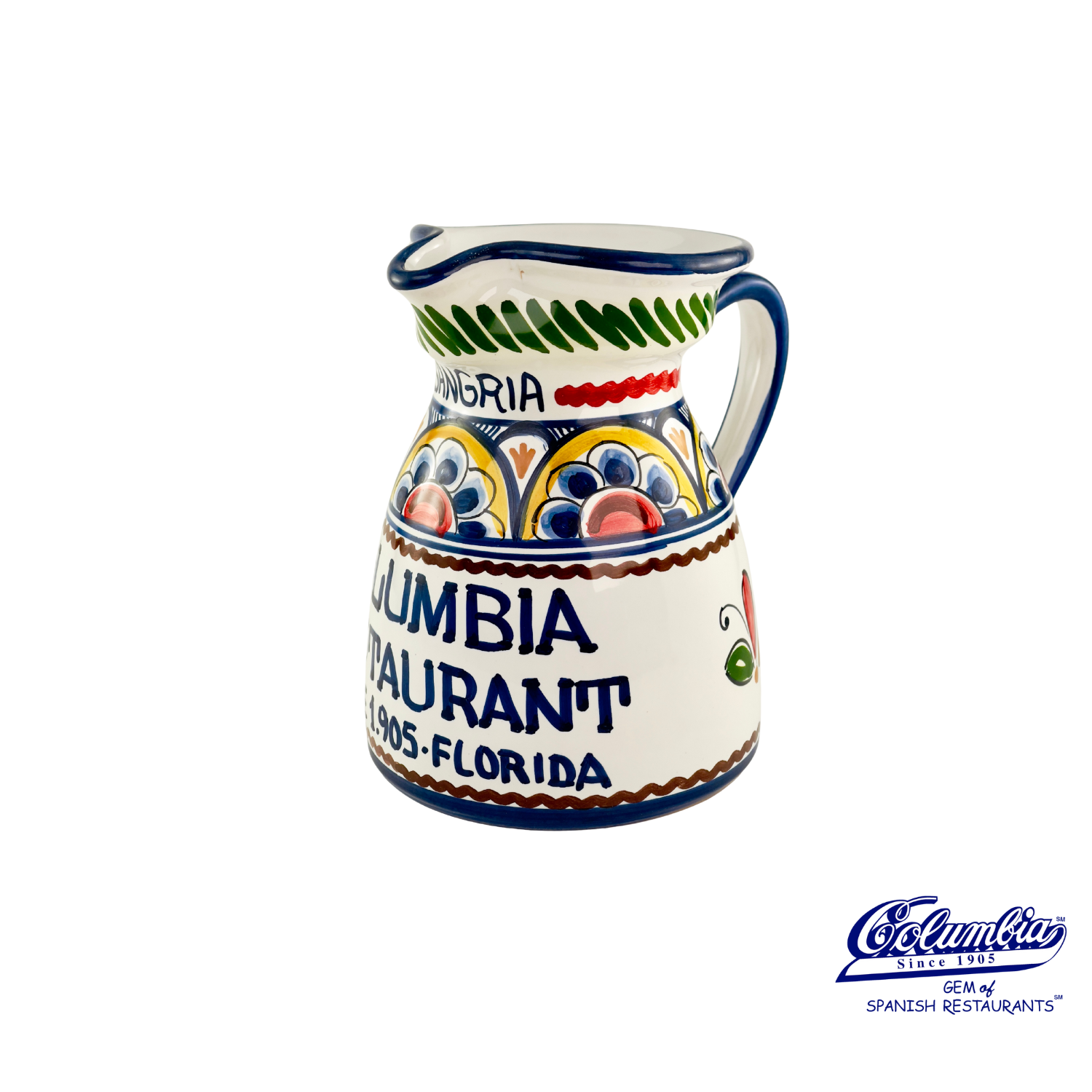 Handcrafted Columbia Restaurant sangria pitcher with colorful floral designs, green and red accents near the rim, and lettering that reads ‘Columbia Restaurant Since 1905 – Florida