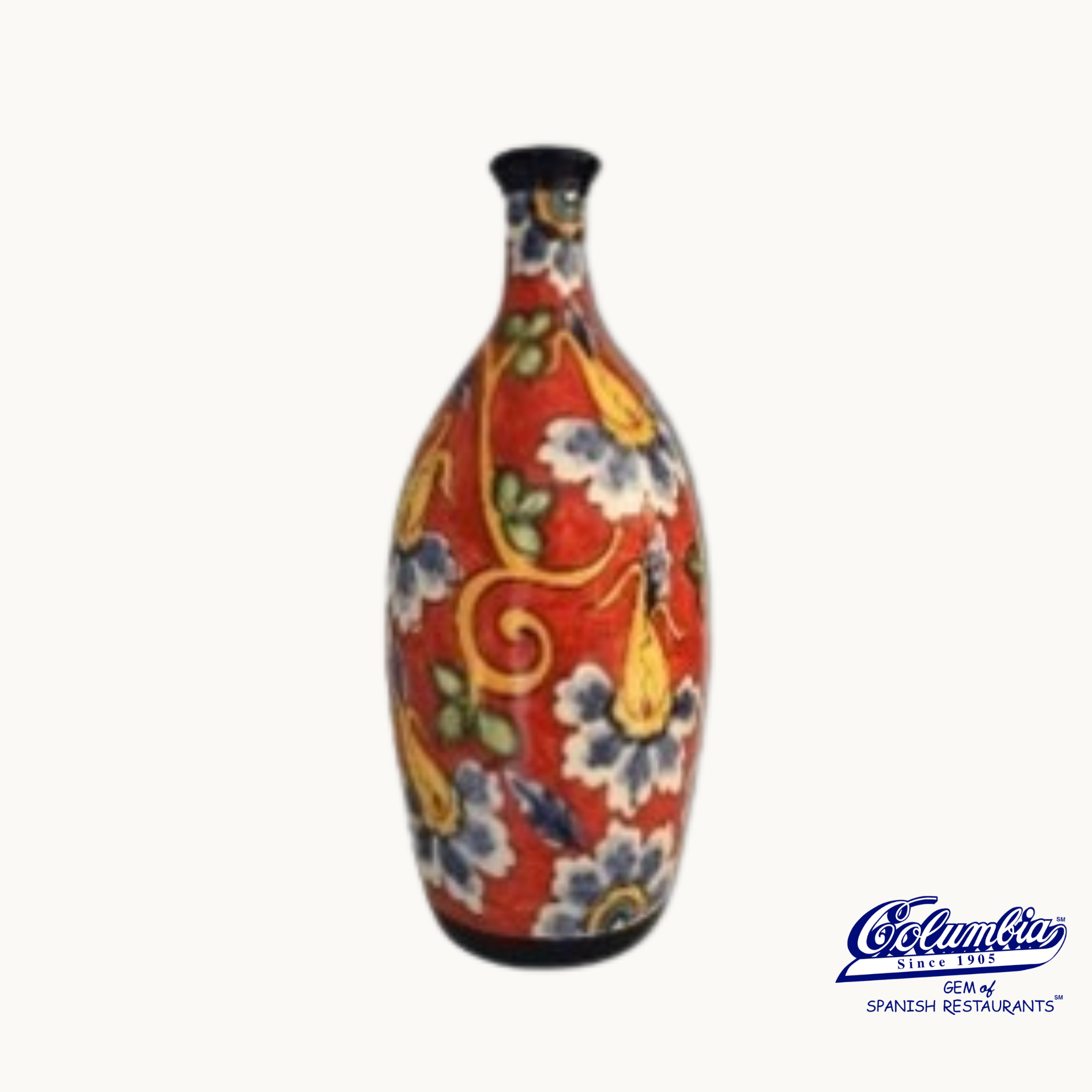 Decorative vase with colorful floral patterns on a red background.