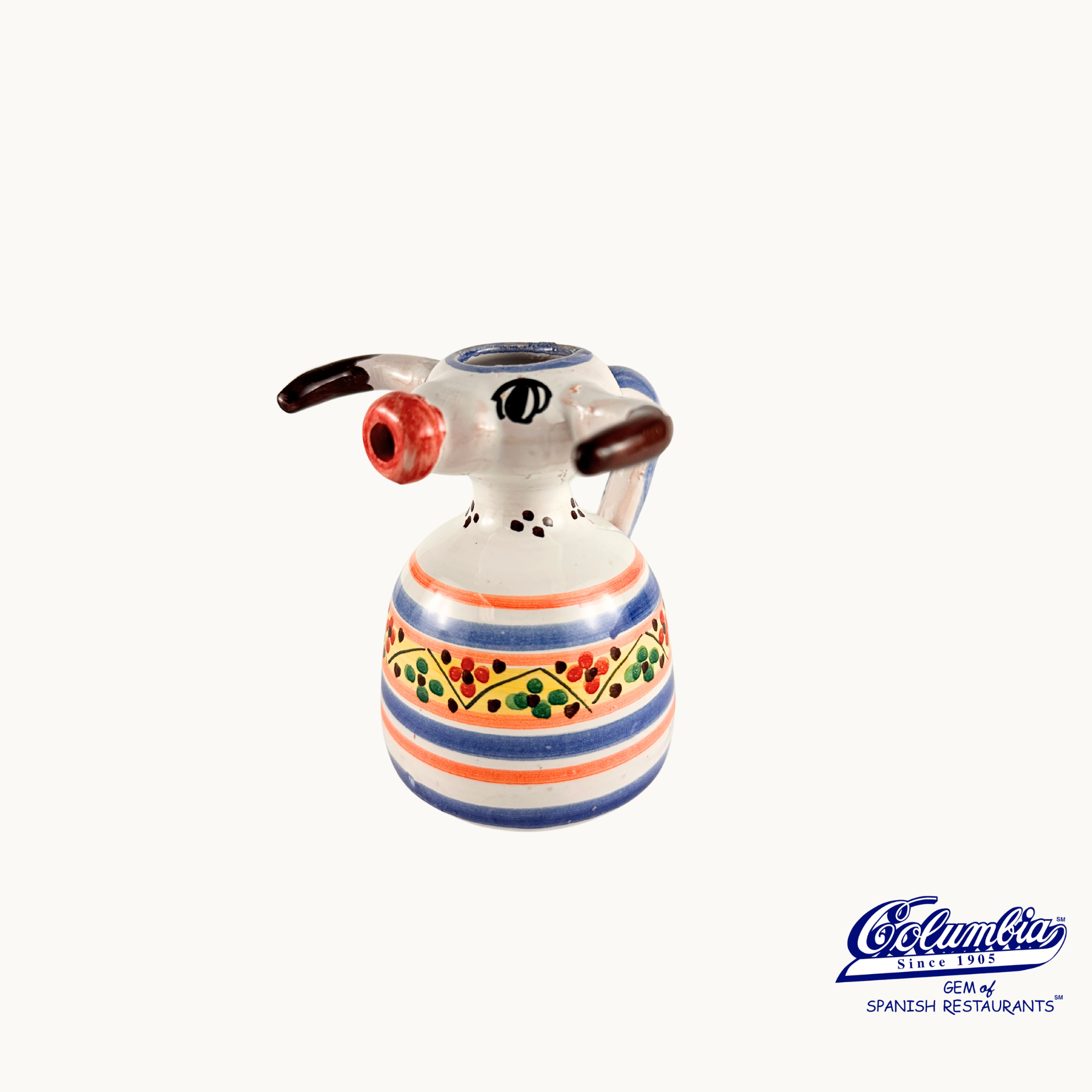 Ceramic dog-shaped bottle with colorful stripes on a white background, featuring the El Cid logo.