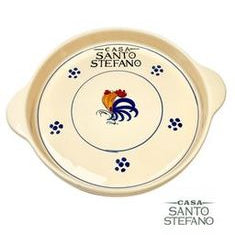 A beige colored ceramic serving tray with blue floral patterns and a red and yellow rooster in the center, along with the text 'CASA SANTO STEFANO'.