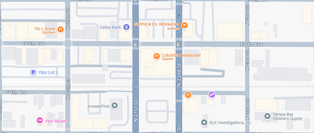 Map showing the location of Columbia Restaurant on East 7th Avenue in Ybor City, Tampa, near N 22nd Street, with nearby landmarks including Shrimp & Co. Restaurant, Valley Bank, and Ybor Lot 3 parking.”