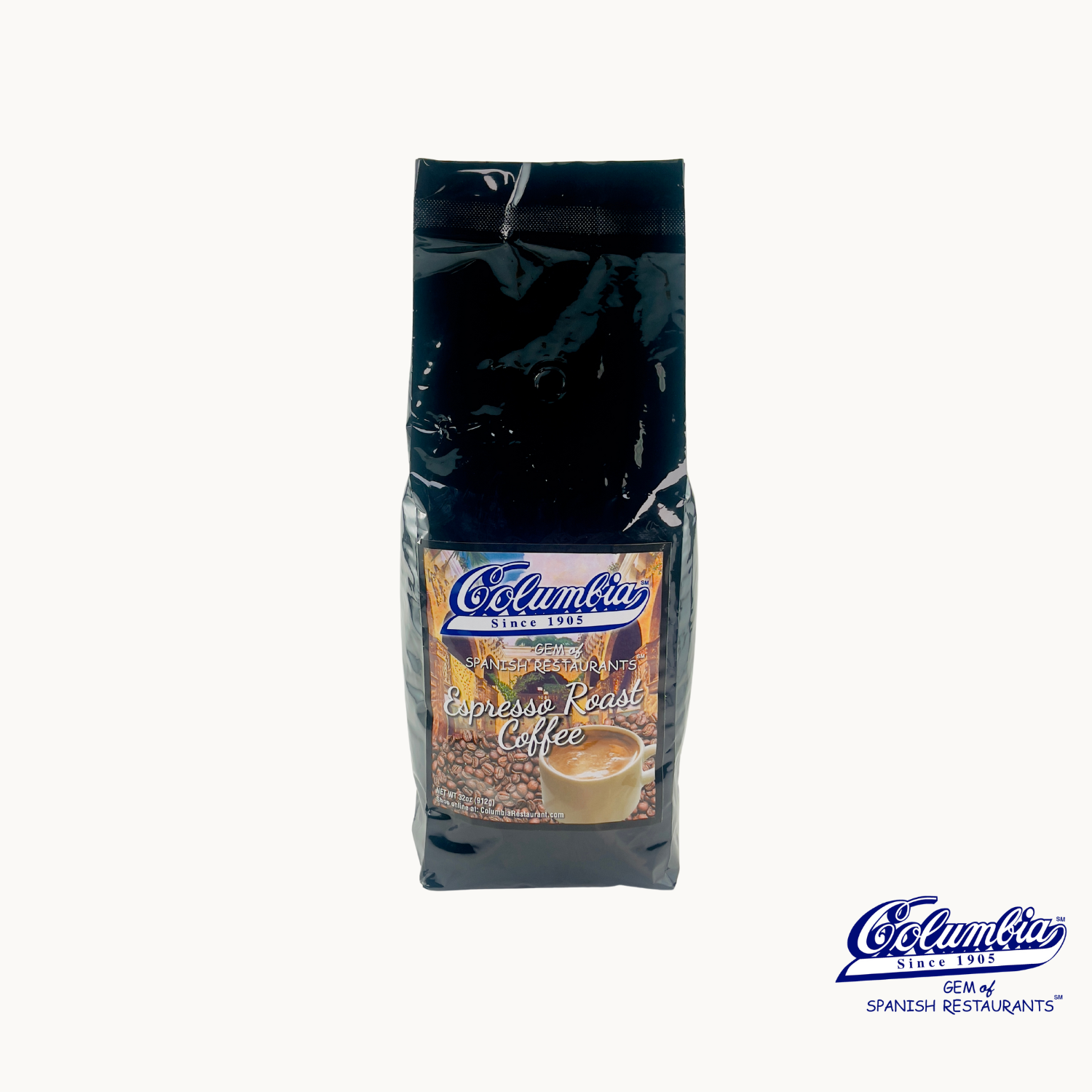 A package of Columbia Espresso Roast Coffee Beans with a black background and the Columbia restaurant logo