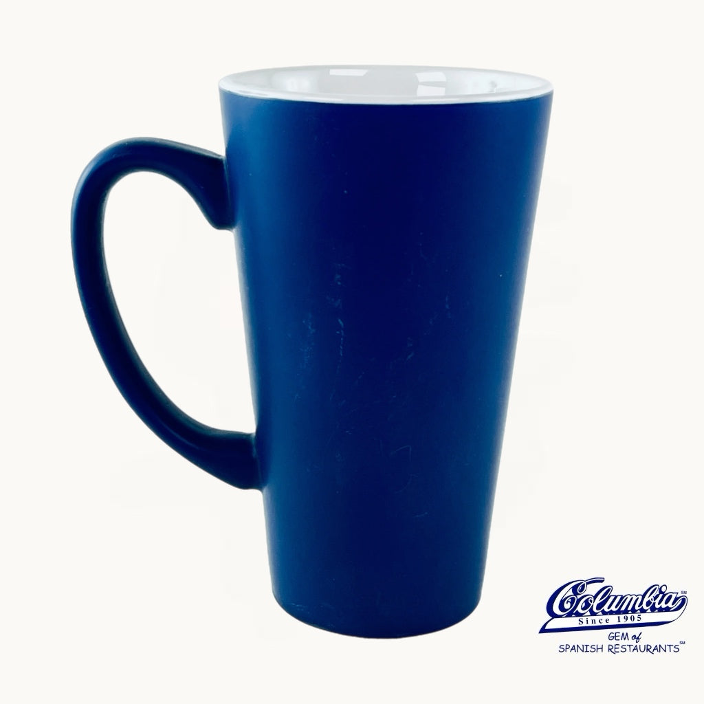 Blue Latte mug on white background with Columbia Logo
