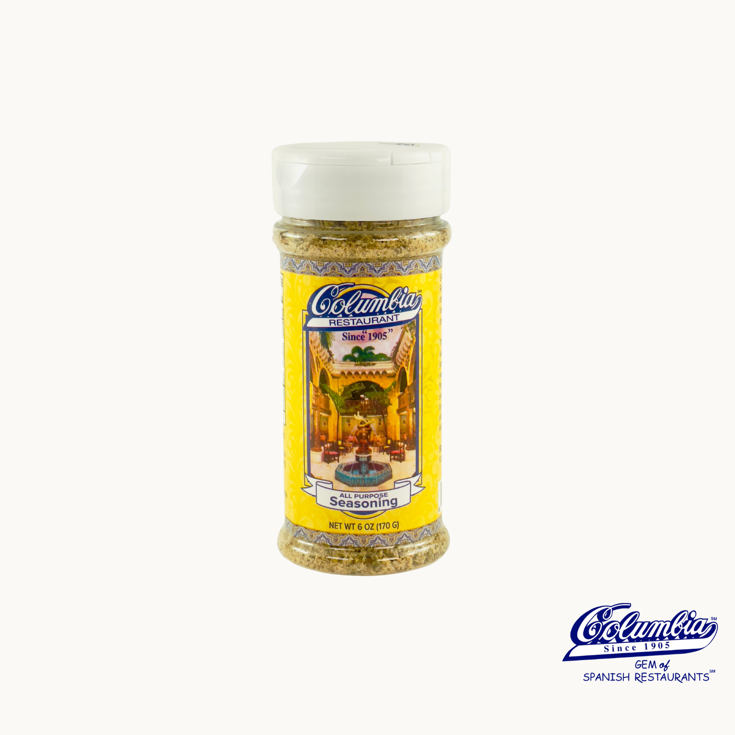 A bottle of Columbia all-purpose seasoning with a yellow label featuring the Columbia logo and an image of a kitchen.