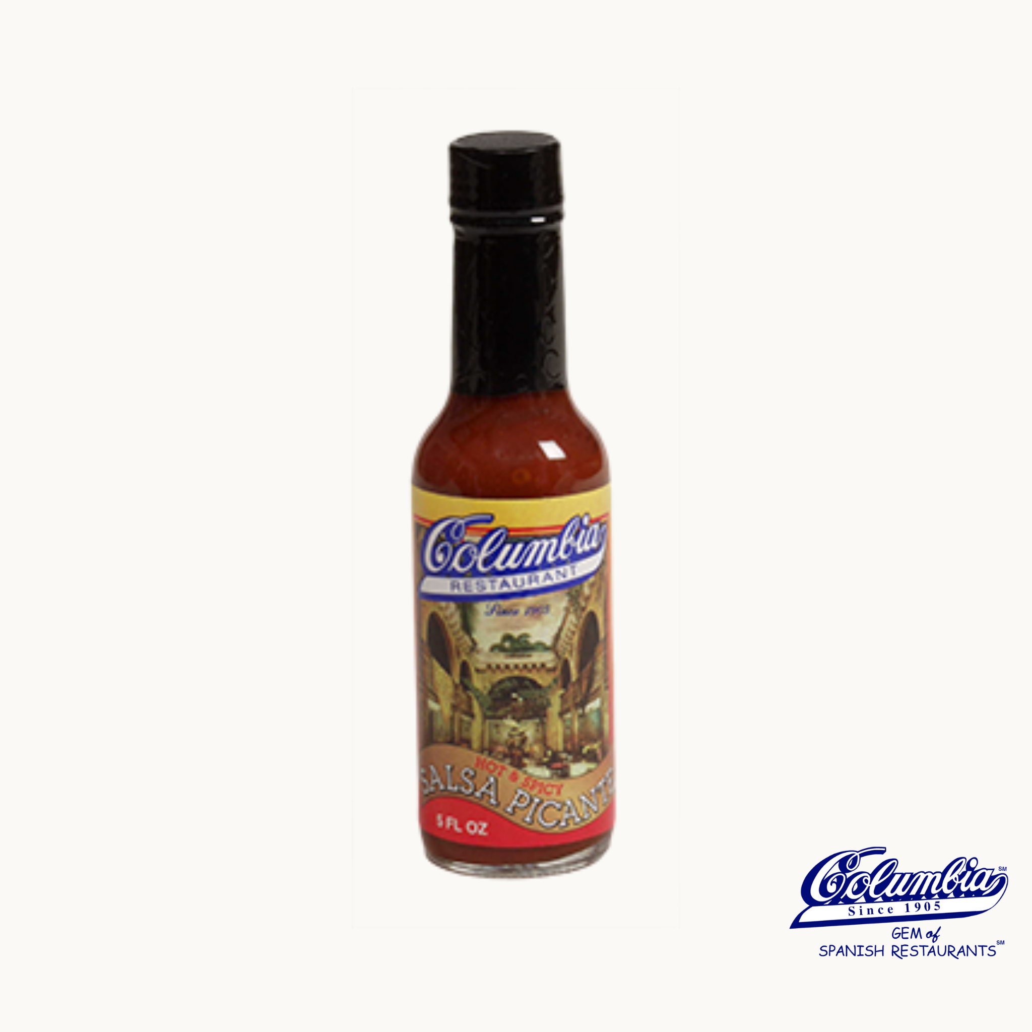 Bottle of salsa with a colorful label on a white background