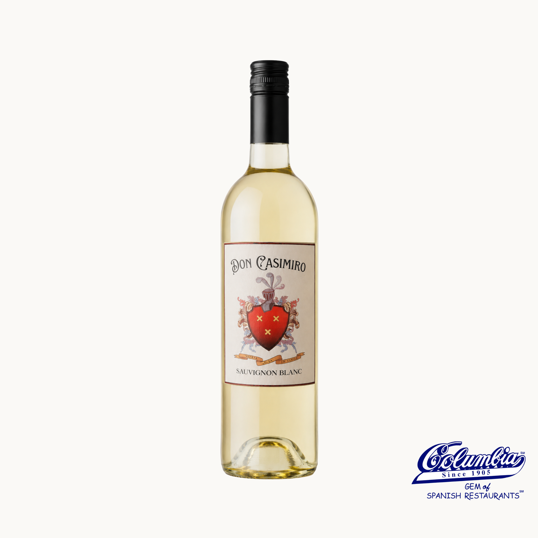 Bottle of Don Casimiro Sauvignon Blanc wine on a white background