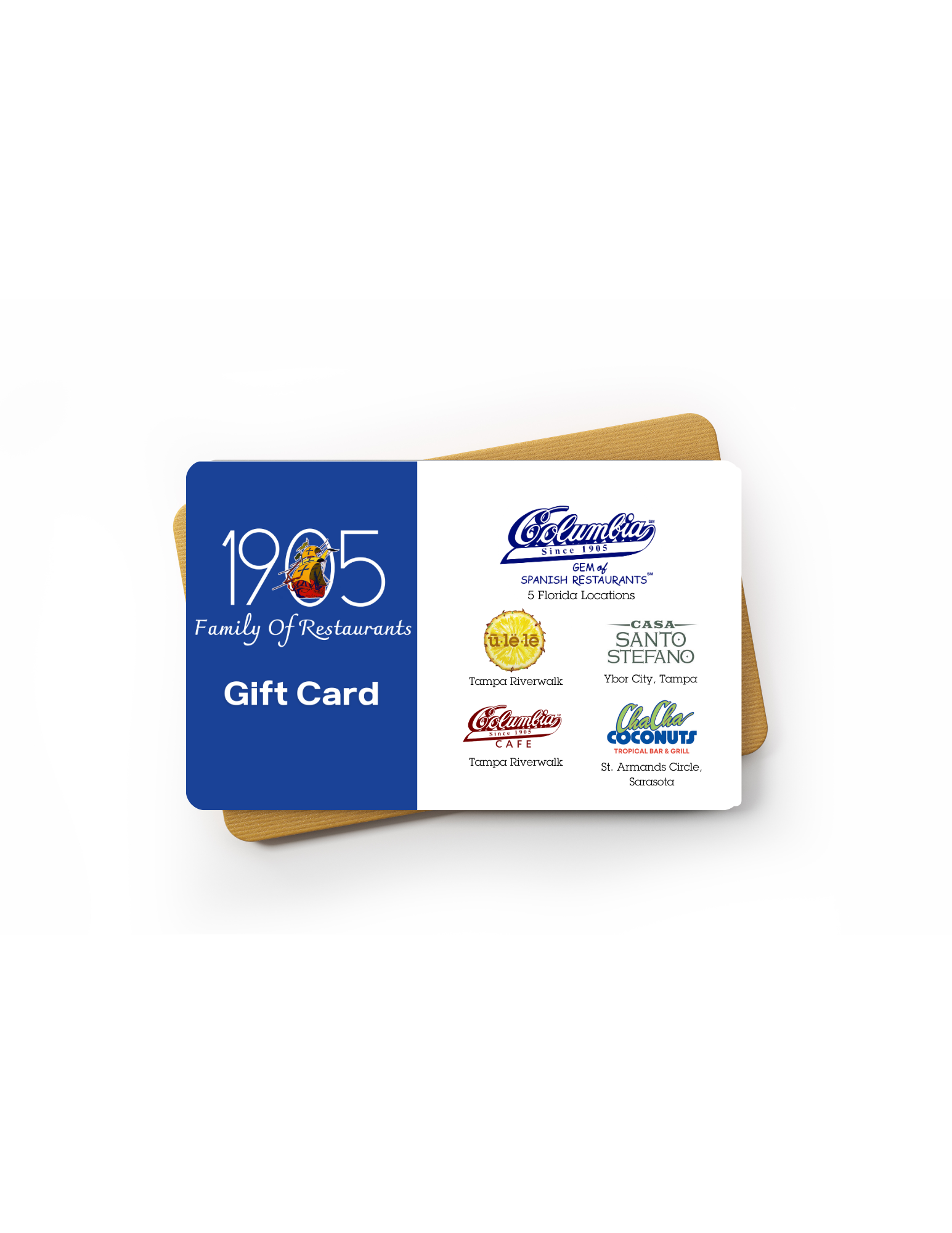 Gift card with multiple restaurant logos on a white background