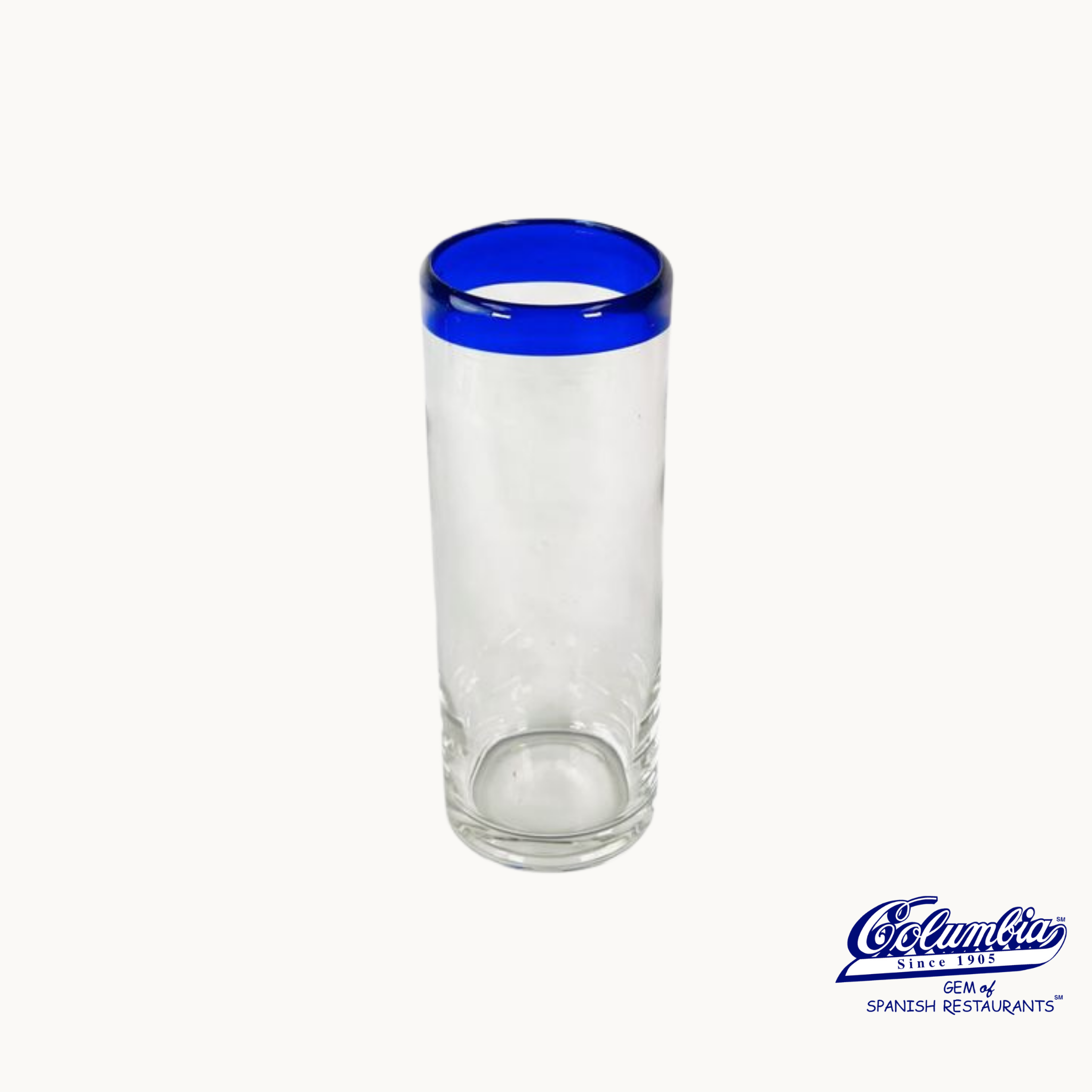 Clear glass with blue rim on white background