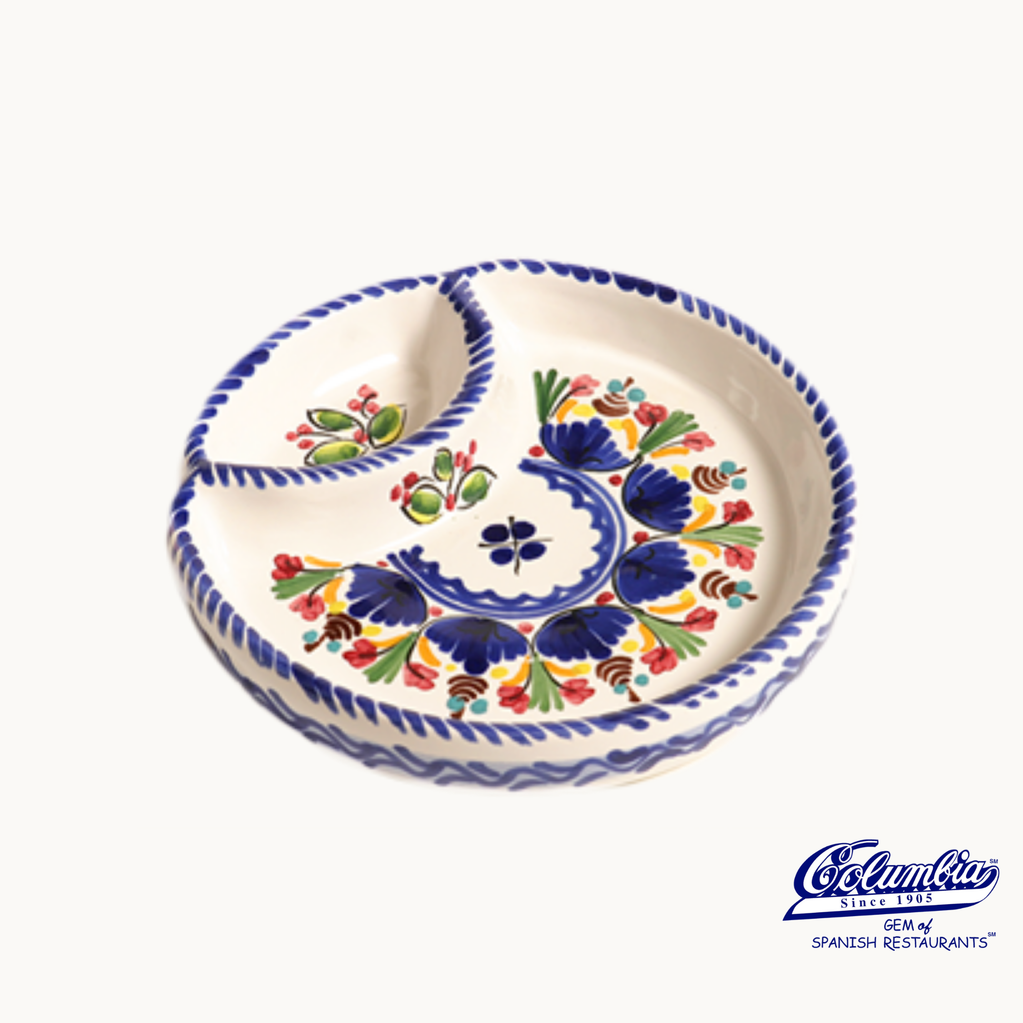 Decorative ceramic plate with colorful patterns on a white background