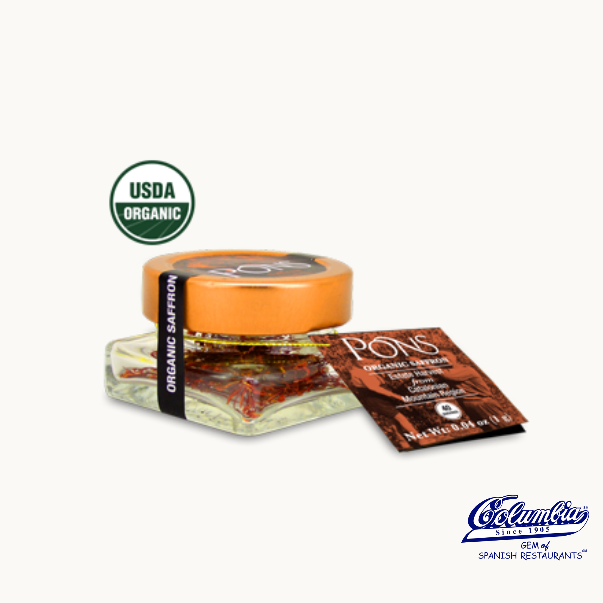 Jar of organic saffron with USDA Organic label and product packaging on a white background.