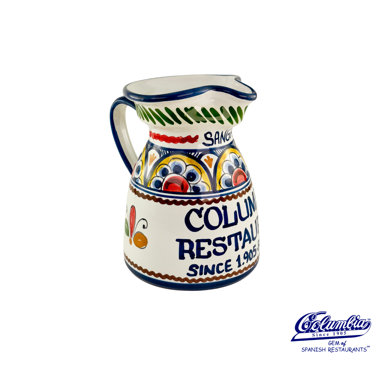 Hand-painted ceramic sangria pitcher from Columbia Restaurant, featuring colorful floral patterns, fruit artwork, and the words ‘Columbia Restaurant Since 1905’ on the front.