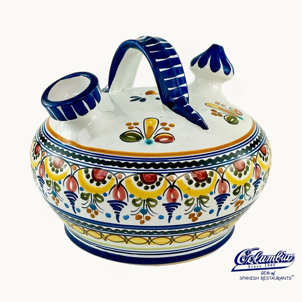 Decorative ceramic jar with colorful patterns on a white background
