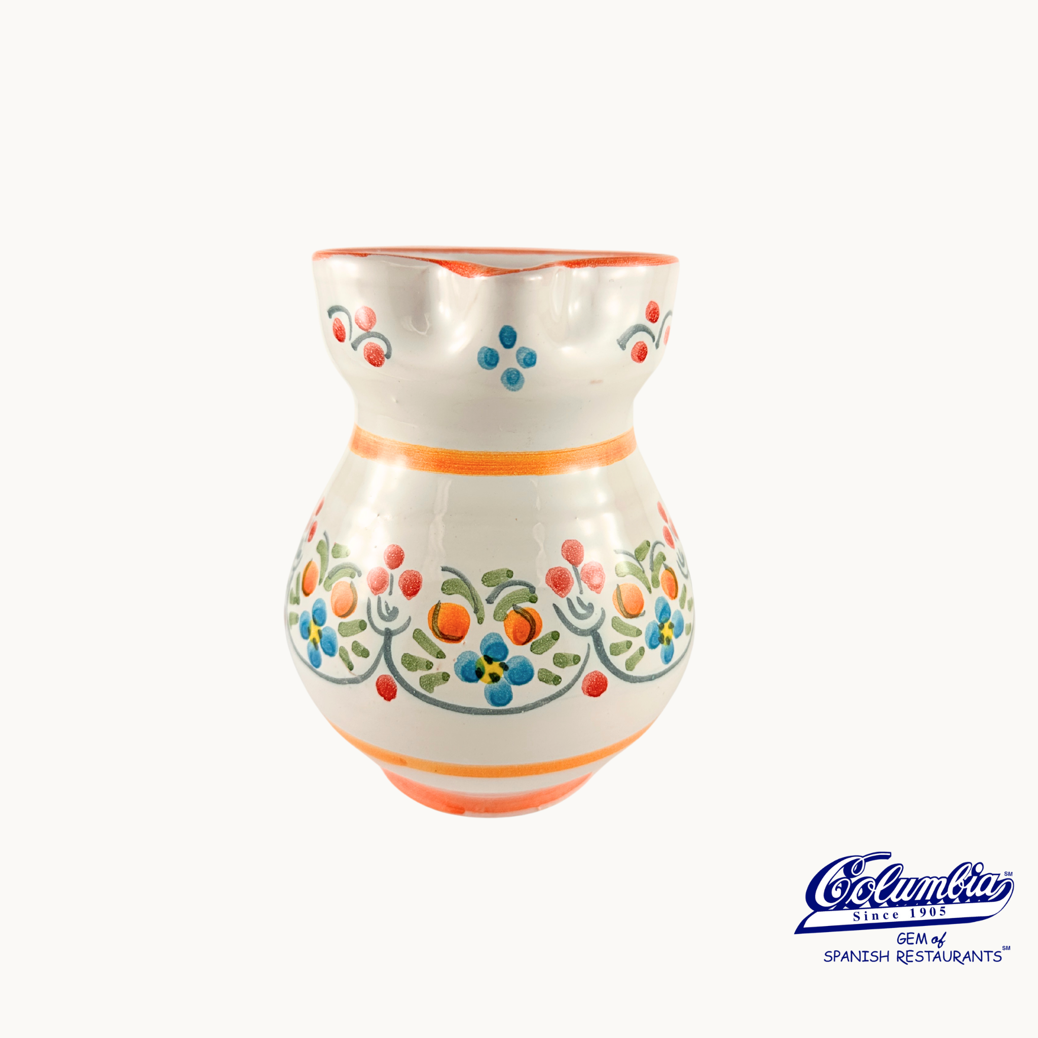Decorative ceramic vase with floral patterns on a white background, featuring the columbia logo.
