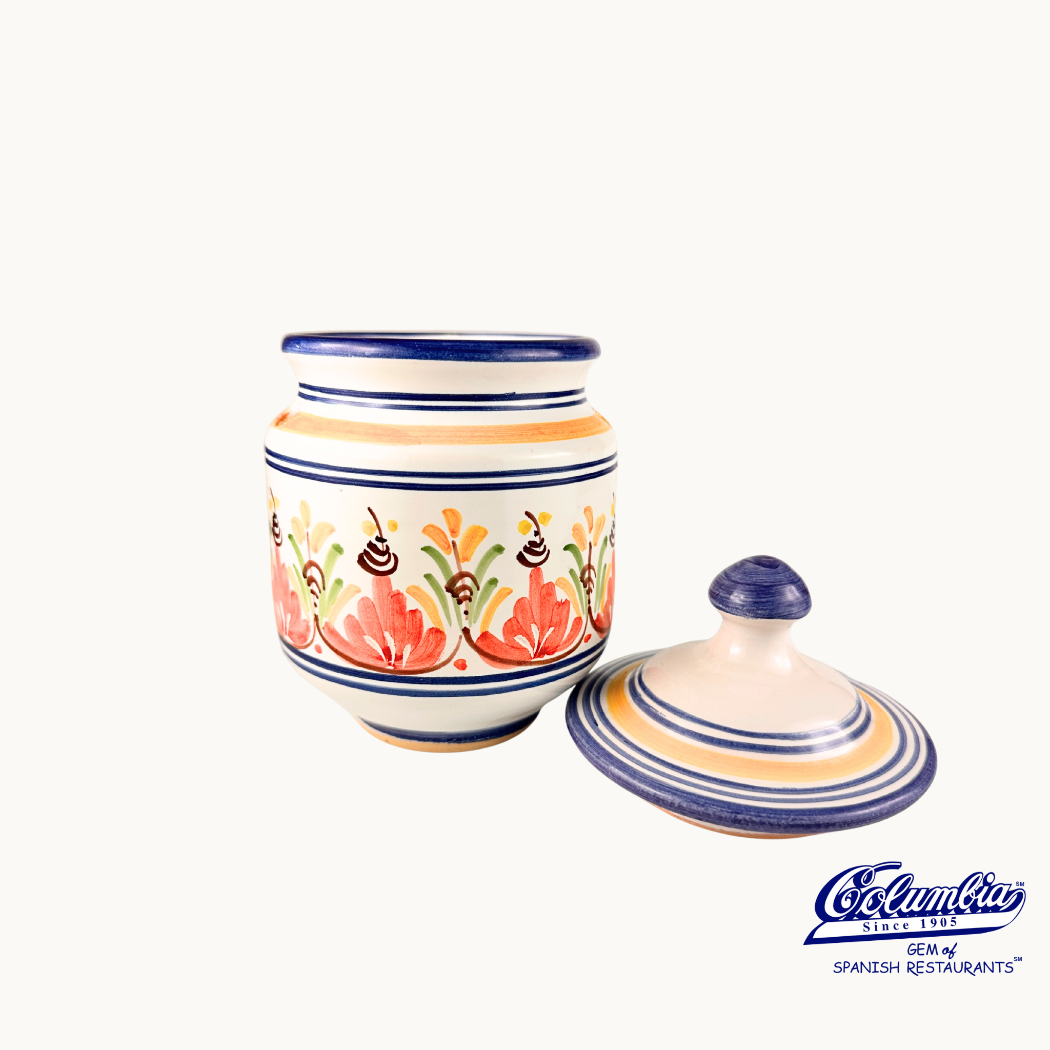 Ceramic jar with colorful floral patterns on a white background, featuring the El Cangrejo brand.