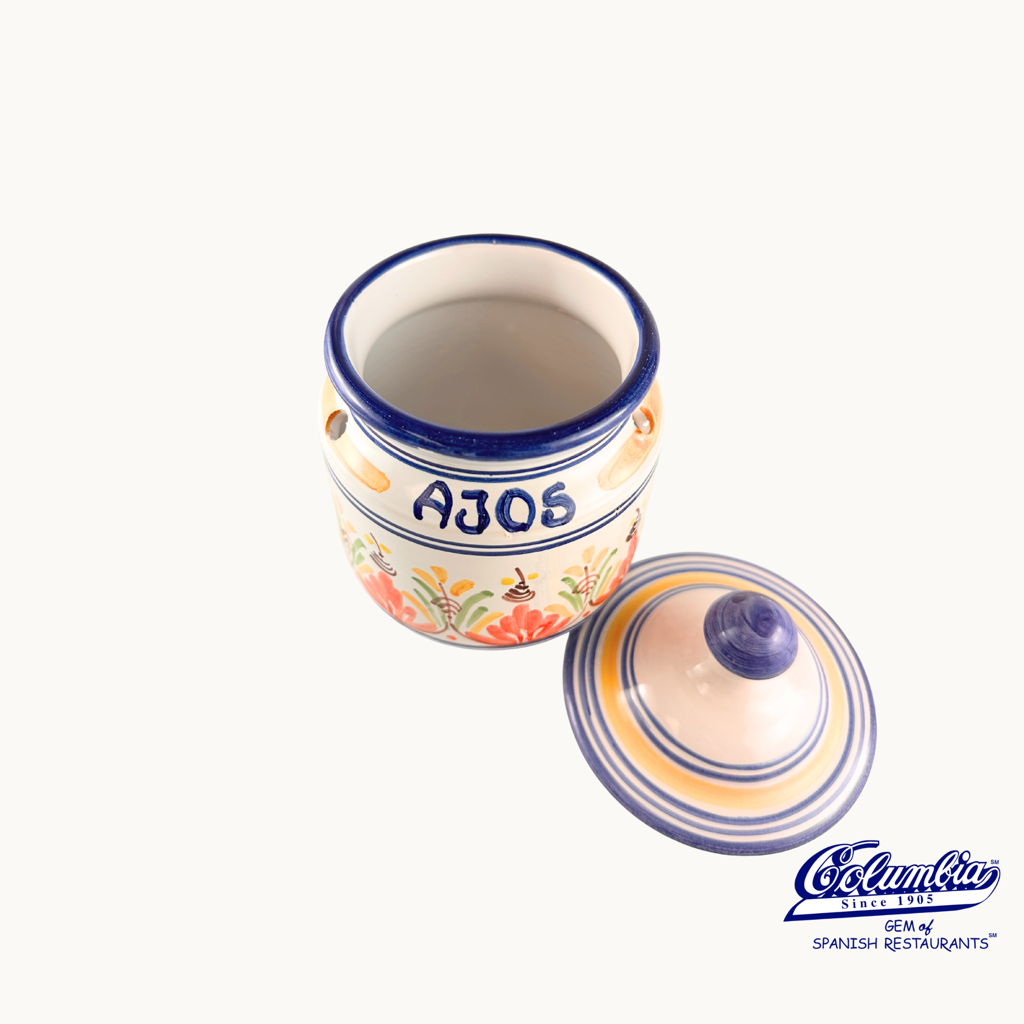 Ceramic jar with floral designs and 'AJOS' text on a white background, featuring the El Cid logo.