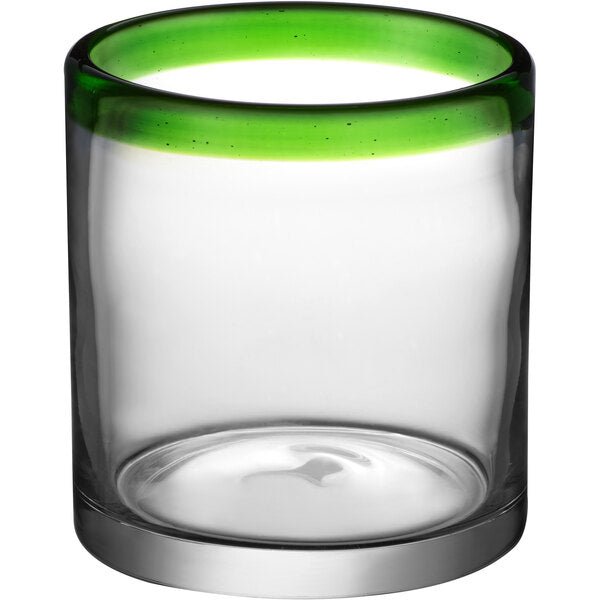 Hand-blown clear glass tumbler with a thick base and bold green rim accent.