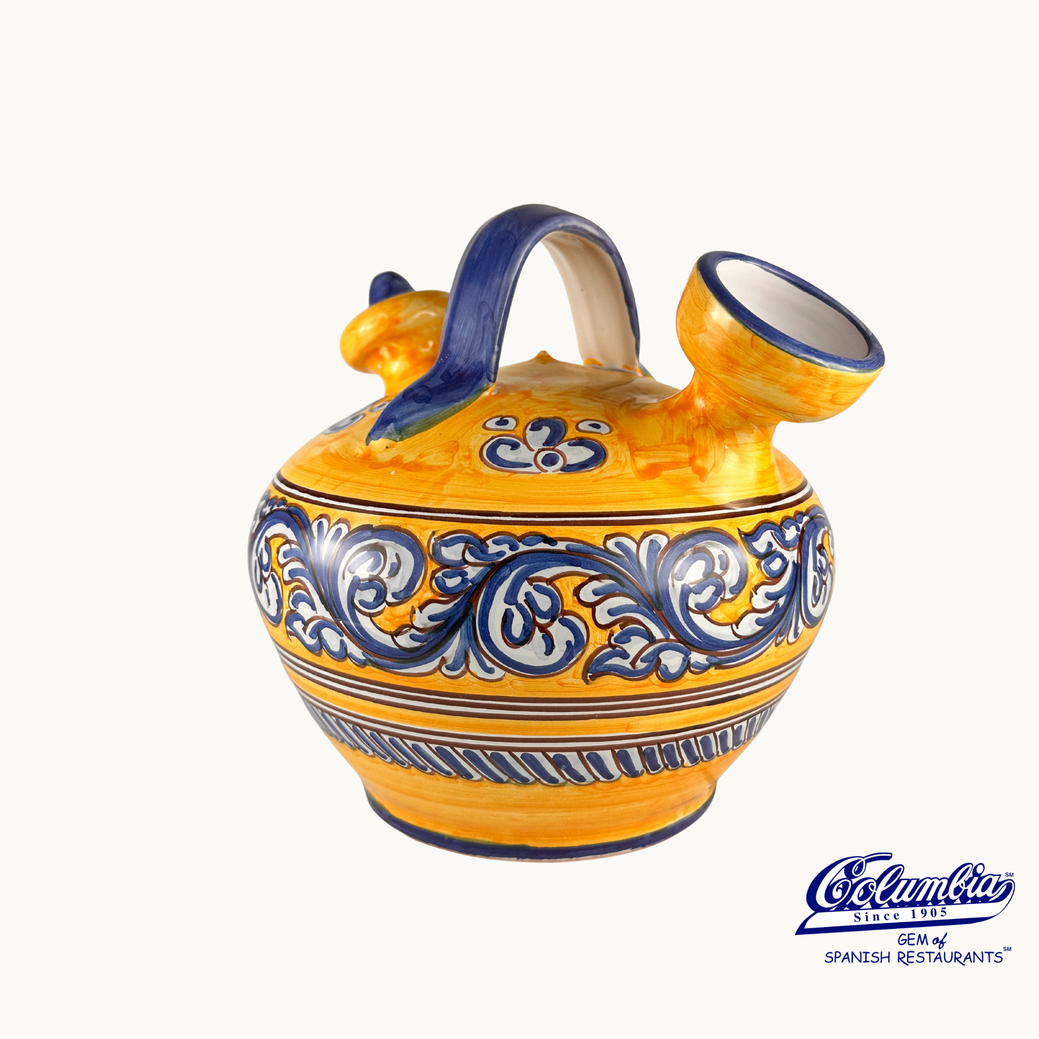 Decorative ceramic jar with blue and white patterns on a white background, featuring the Colmenar logo.
