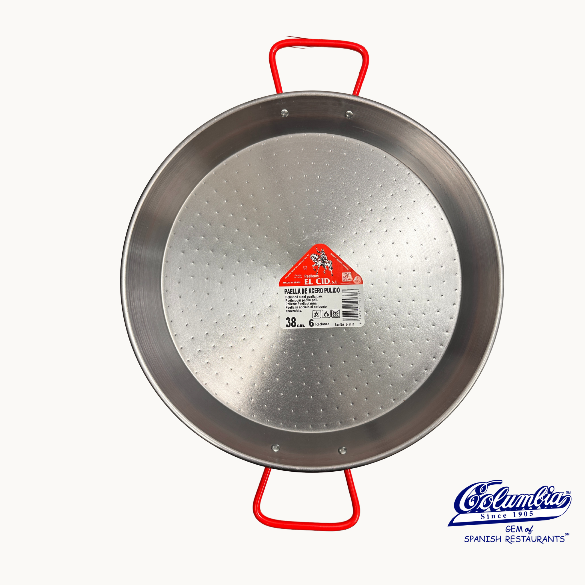 Metal paella pan with red handles on a white background, featuring a brand logo.
