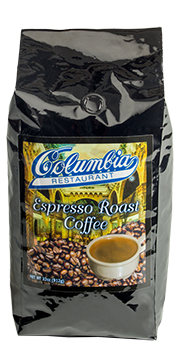 A packaged bag of Columbia Espresso Roast Coffee with a graphic depicting coffee beans and a cup of coffee.