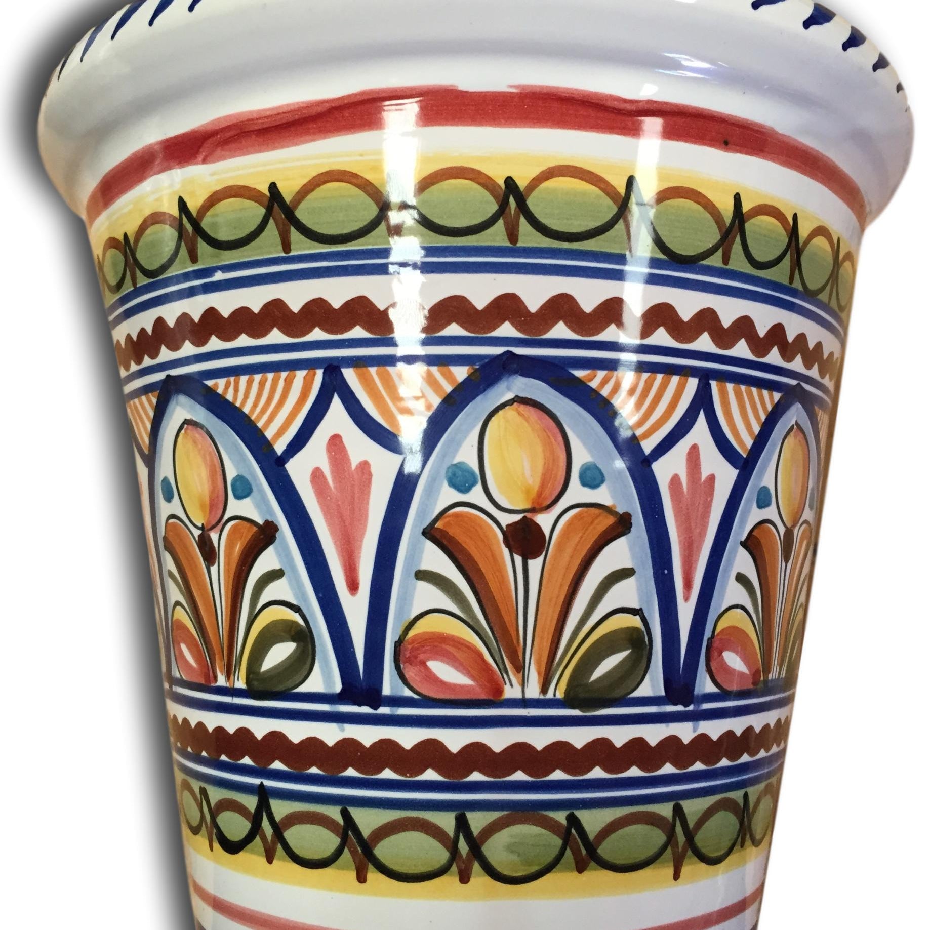 Mini ceramic flower pot with colorful hand-painted design featuring floral and geometric patterns in orange, yellow, blue, and green.
