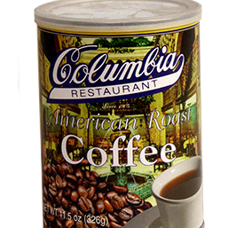 A can of Columbia American Roast Coffee featuring the Columbia Restaurant logo, with an image of coffee beans and a cup of coffee on the front.