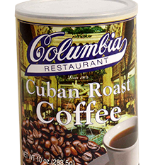 A can of Columbia Cuban Roast Coffee with a graphic of coffee beans and a cup of coffee on the label.
