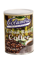 A can of Columbia Cuban Roast Coffee with a graphic of coffee beans and a cup of coffee on the label.