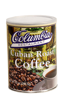 A can of Columbia Cuban Roast Coffee with a graphic of coffee beans and a cup of coffee on the label.