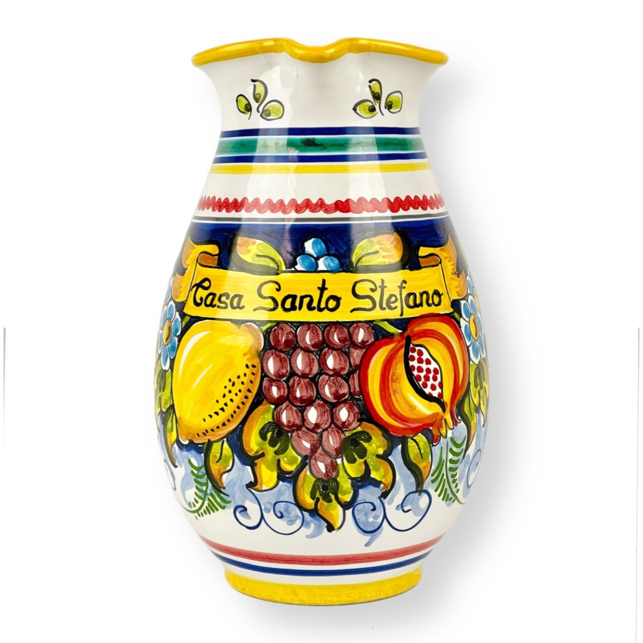A medium-sized, hand-painted ceramic pitcher with colorful Sicilian-inspired restaurant branding 'Casa Santo Stefano' and fruit motifs.
