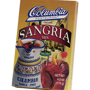 A packaged Columbia Sangria Mix with a picture of a colorful sangria pitcher and a glass of sangria.