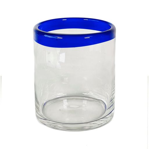 Hand-blown clear glass tumbler with a thick base and bold cobalt blue rim accent.