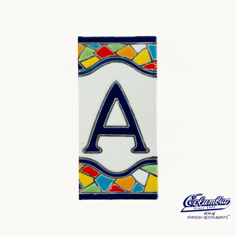 Decorative tile with letter 'A' and colorful border on a white background