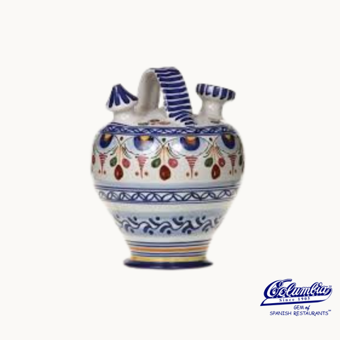 Decorative ceramic jar with blue and red patterns on a white background.