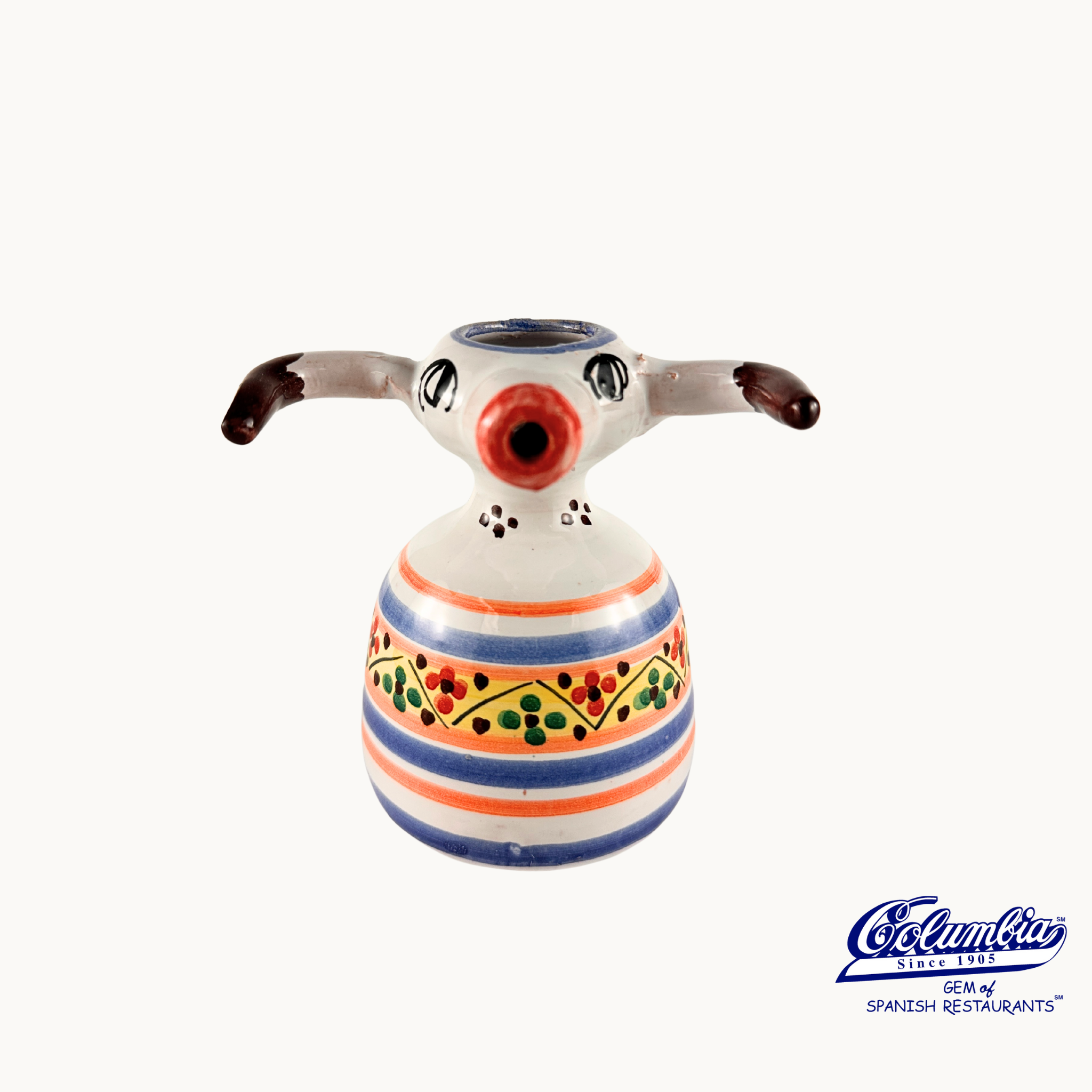 Decorative ceramic object with colorful design on a white background, featuring the El Cangrejo logo.