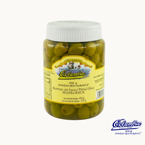 A jar of Columbia Olives, with the Columbia brand label visible on the jar.
