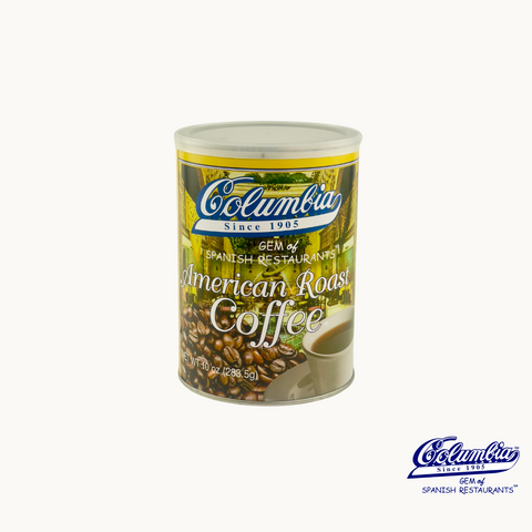 A can of Columbia American Roast Coffee, featuring the Columbia brand logo and an image of coffee beans.