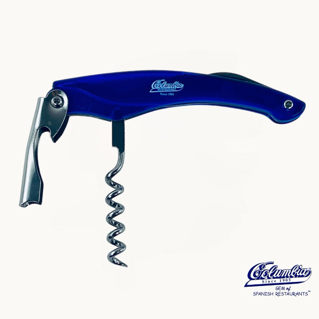Blue corkscrew with visible brand logo on a white background