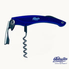 Blue corkscrew with visible brand logo on a white background