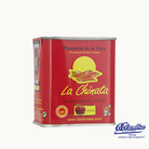 Red tin can of La Chinata smoked paprika powder with logo and text.