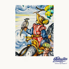 Decorative tile with a colorful scene of a person on horseback and a parrot, featuring the Caramba logo.