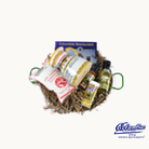 Collection of cooking ingredients and tools in a basket with a white background.