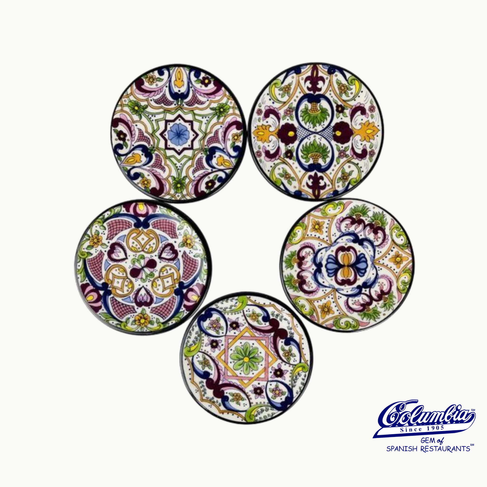 A set of five colorful ceramic coasters with a floral and geometric pattern, branded by Columbia Spanish Pottery.