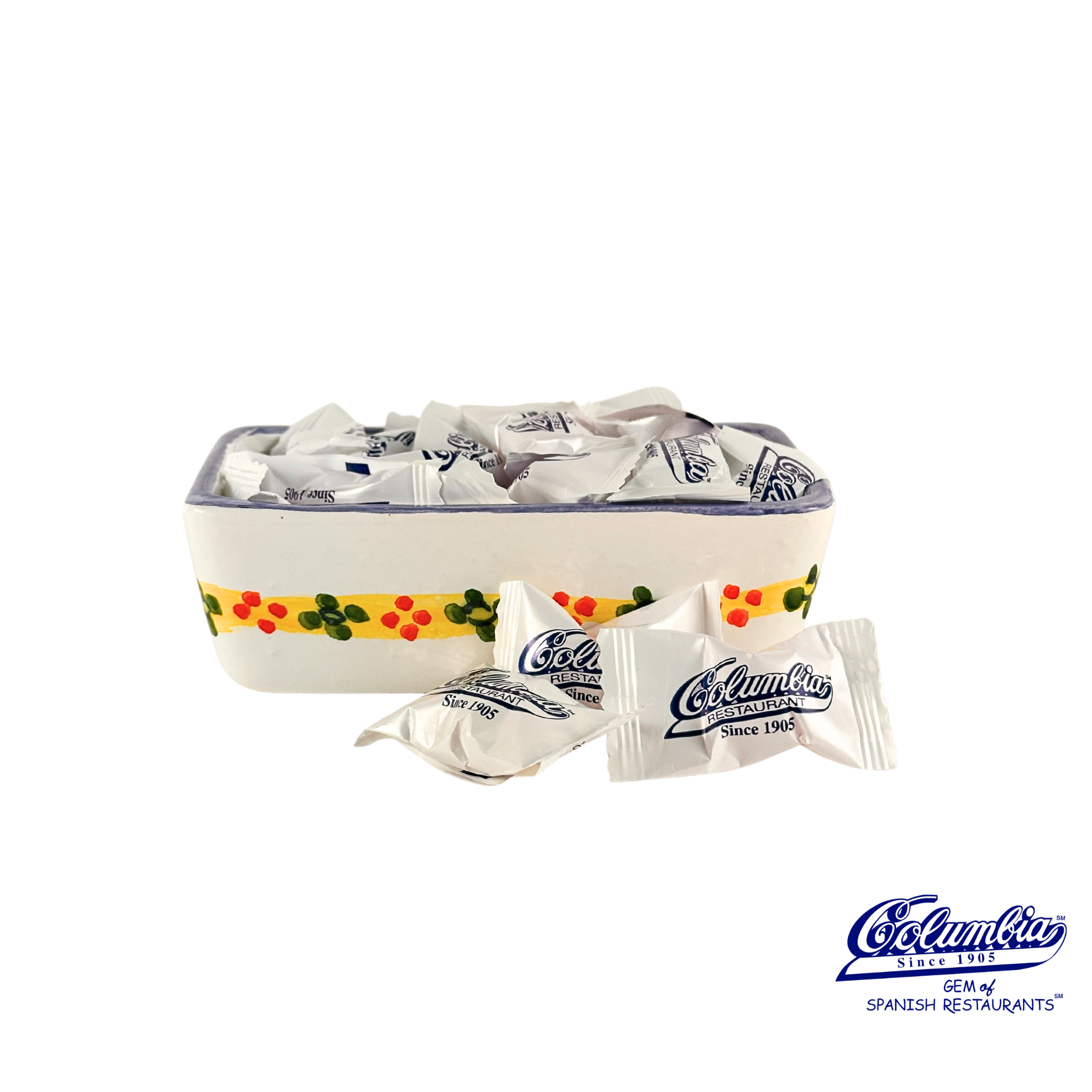 Columbus candy container with candy packets on a white background