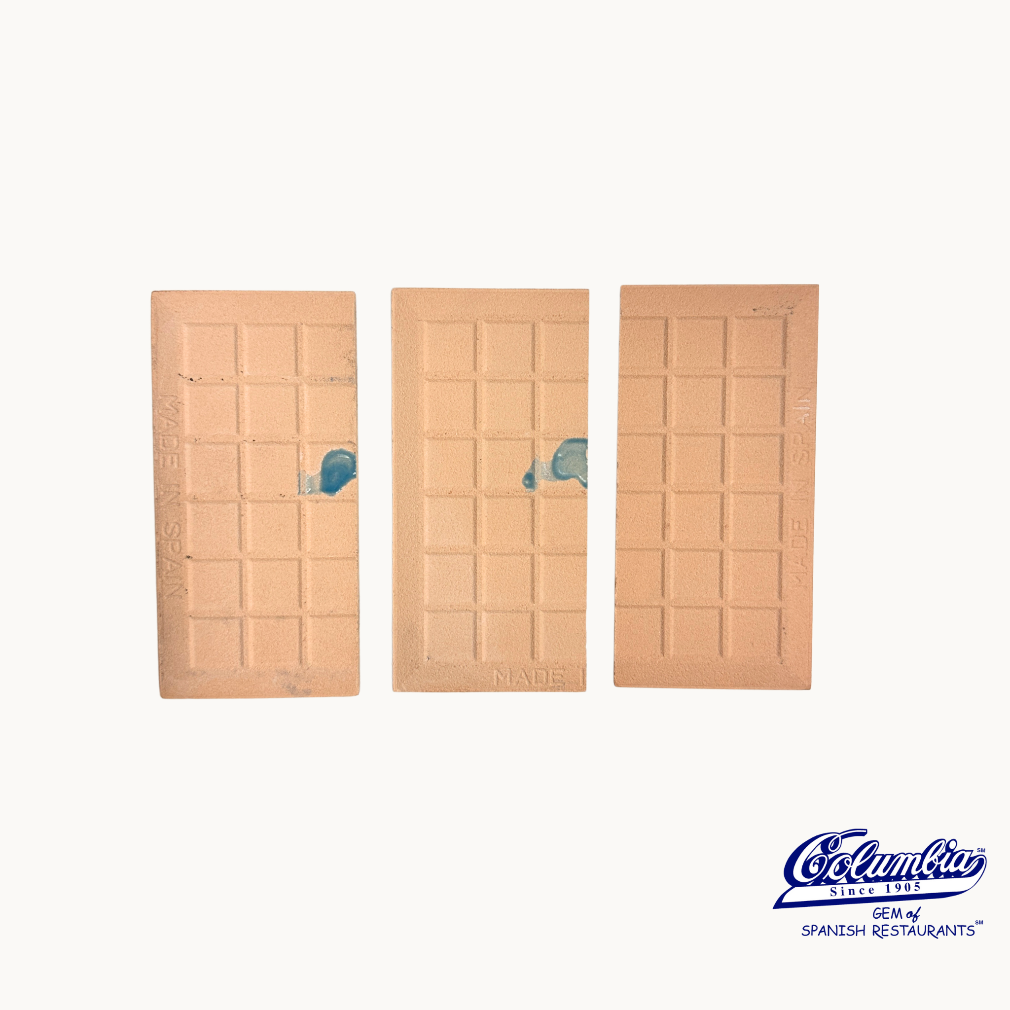 Three wooden doors with a brand logo at the bottom right corner on a white background