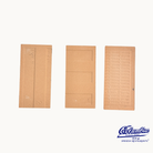 Three wooden doors with different designs on a white background, featuring the Colomina logo.