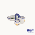 Ceramic condiment set with blue accents on a white background, featuring the El Flamenco logo.