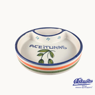 Ceramic dish with 'Aceitunas' text and olive design on a white background
