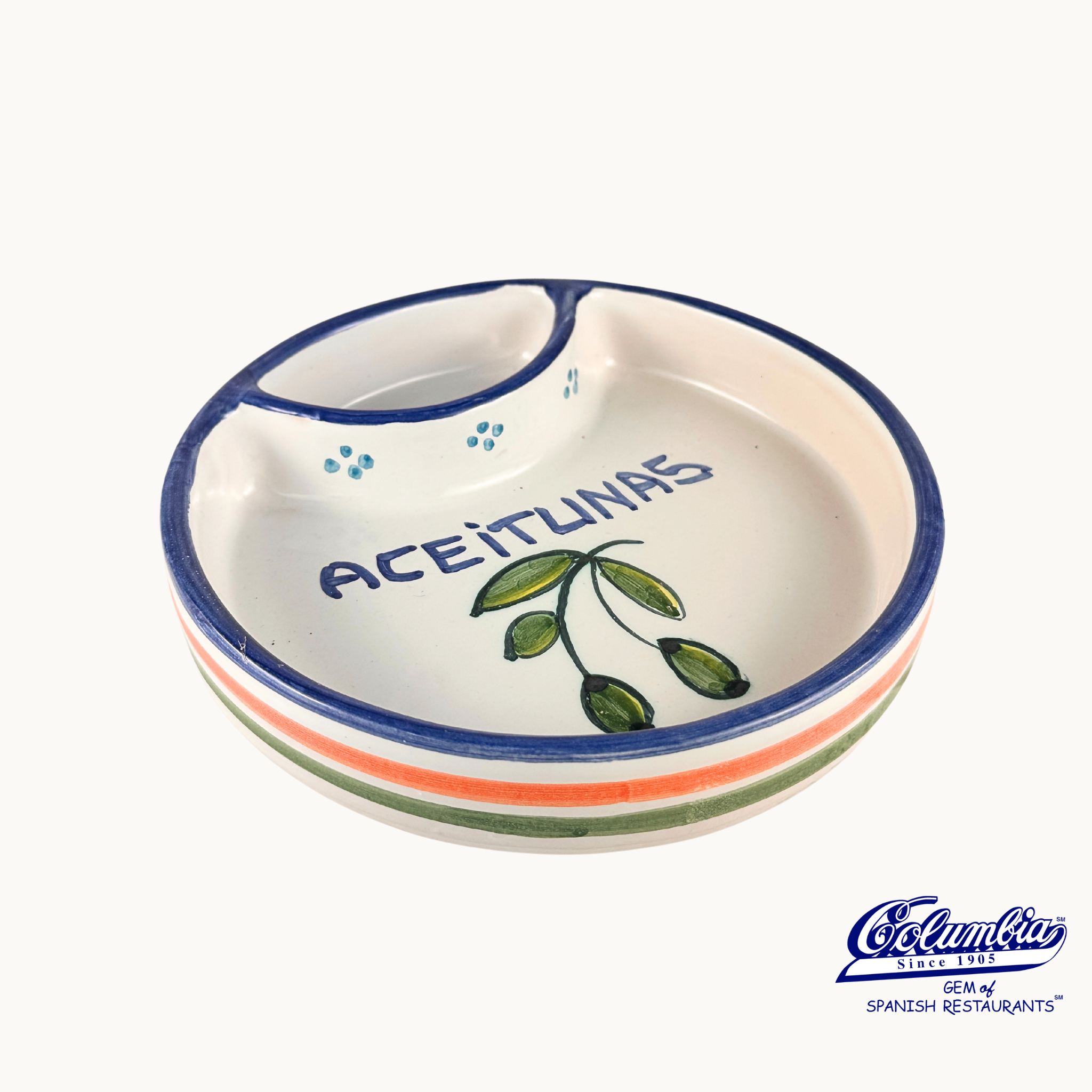 Ceramic dish with 'Aceitunas' text and olive branch design on a white background