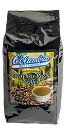 A packaged bag of Columbia Espresso Roast Coffee with a graphic depicting coffee beans and a cup of coffee.