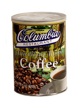 A can of Columbia American Roast Coffee featuring the Columbia Restaurant logo, with an image of coffee beans and a cup of coffee on the front.